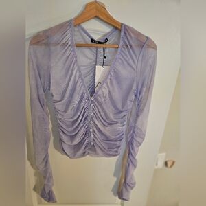 Zara Lavender Sheer Ruched Button-Up Top - Long Sleeve